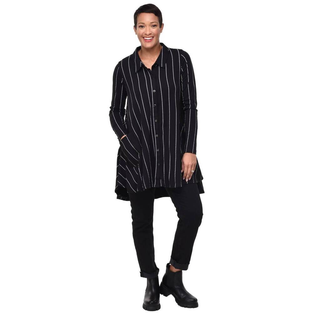 NEW TULIP CLOTHING lauryn button down top in black metro stripe